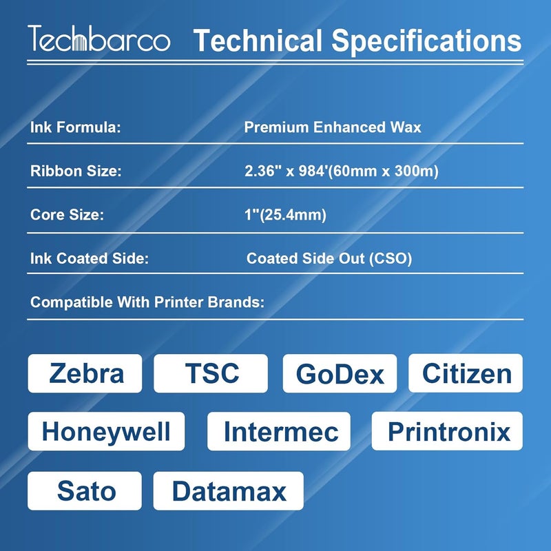 Techbarco Store 6 Rolls 2.36" x 984' Premium Enhanced Wax Thermal Transfer Ribbon, 60mm x 300m Black Industrial Barcode Label Printer Ribbon - Compatible with Zebra, TSC, GoDex, Citizen, 1" Core - Image 3
